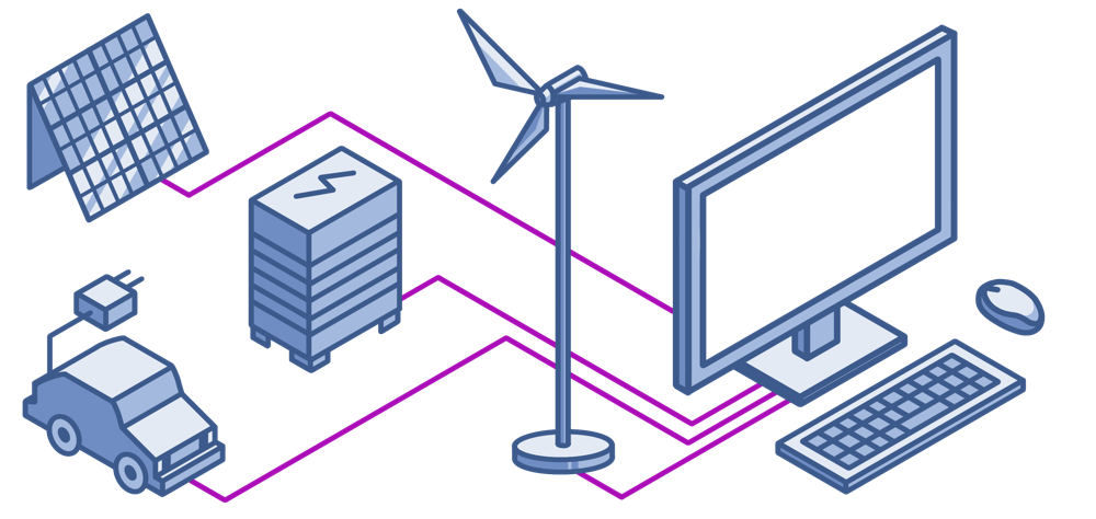 a solar panel, battery stack, wind turbine and electric vehicle all connected to a computer